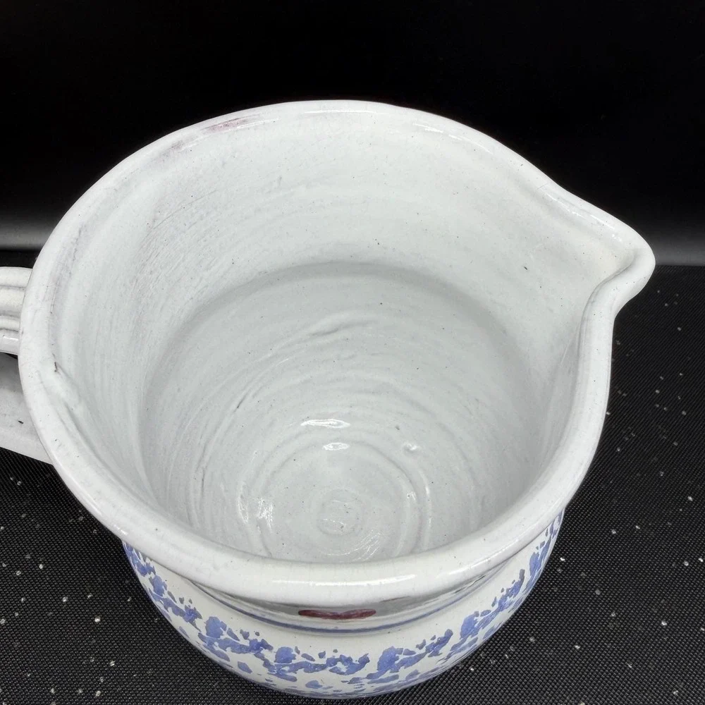 Vintage MM Portugal Hand Painted Terracotta Pitcher Blue‎ Sponge Heart Folk Art